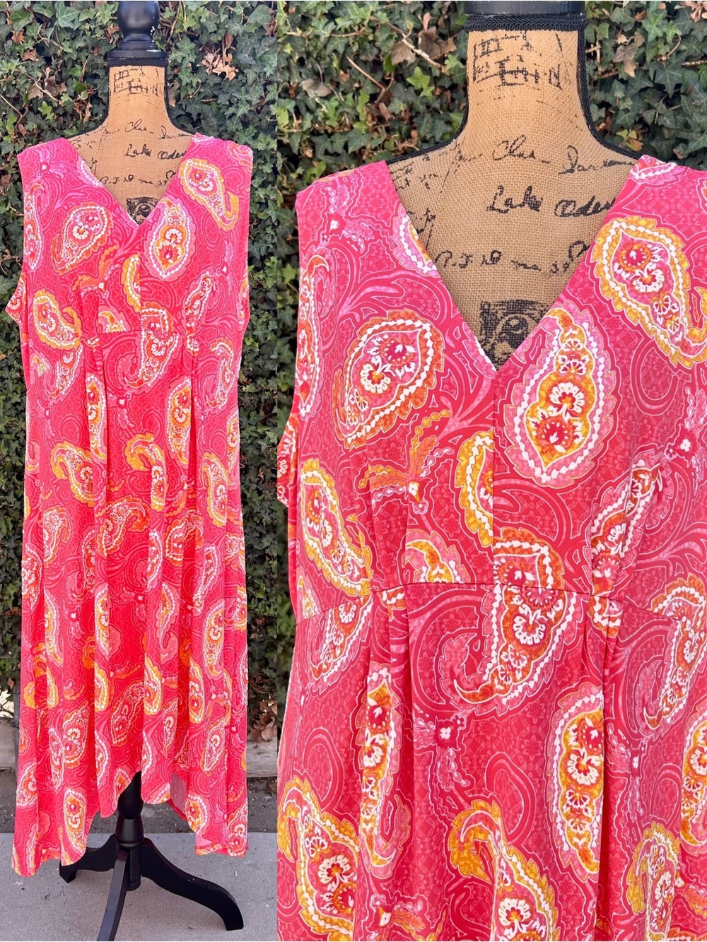Ruby Rd. Boho Maxi Dress Paisley Pink Orange Sleeveless Beachy Vacay Travel